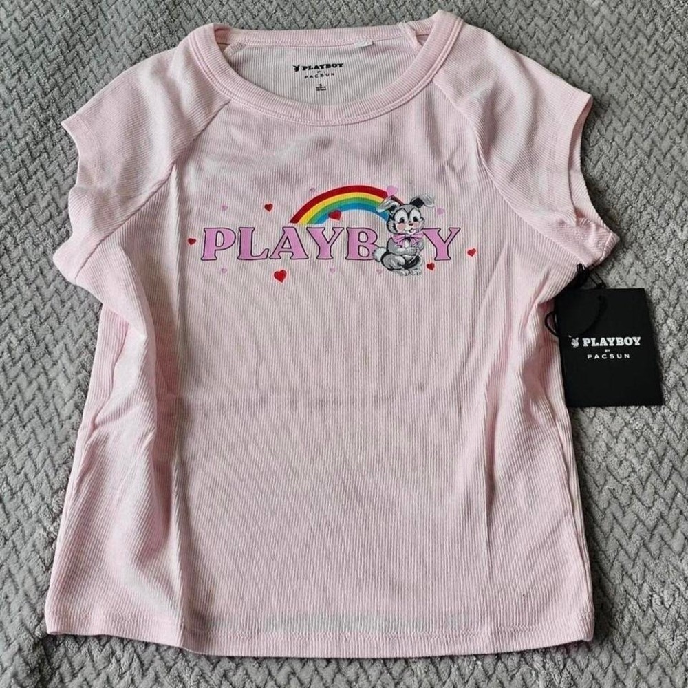 Playboy Women's Baby Tee S PacSun‎ Pink Rainbow Bunny NWT